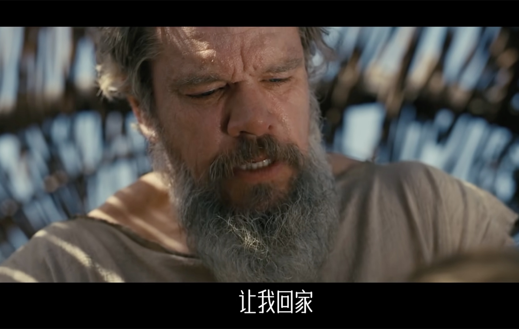 奥德修斯低头流泪，画面字幕写着‘让我回家’