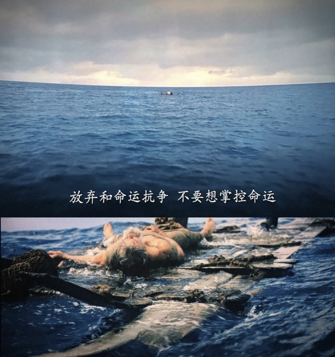 奥德修斯漂浮在海面上，画面字幕写着‘放弃和命运抗争，不要想掌控命运’